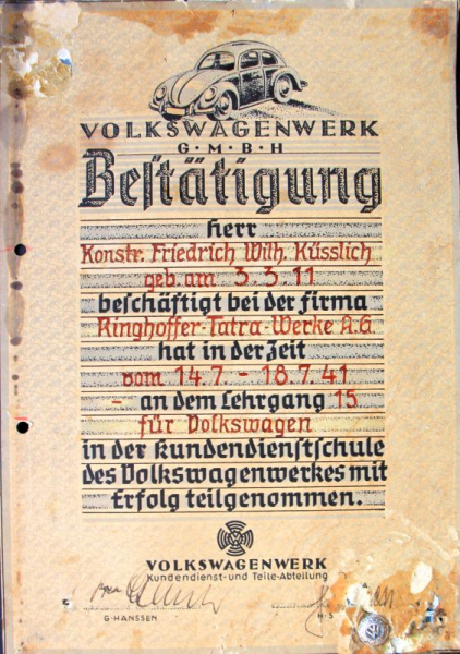 Volkswagen KdF Course Confirmation 1941 with pin (3676)